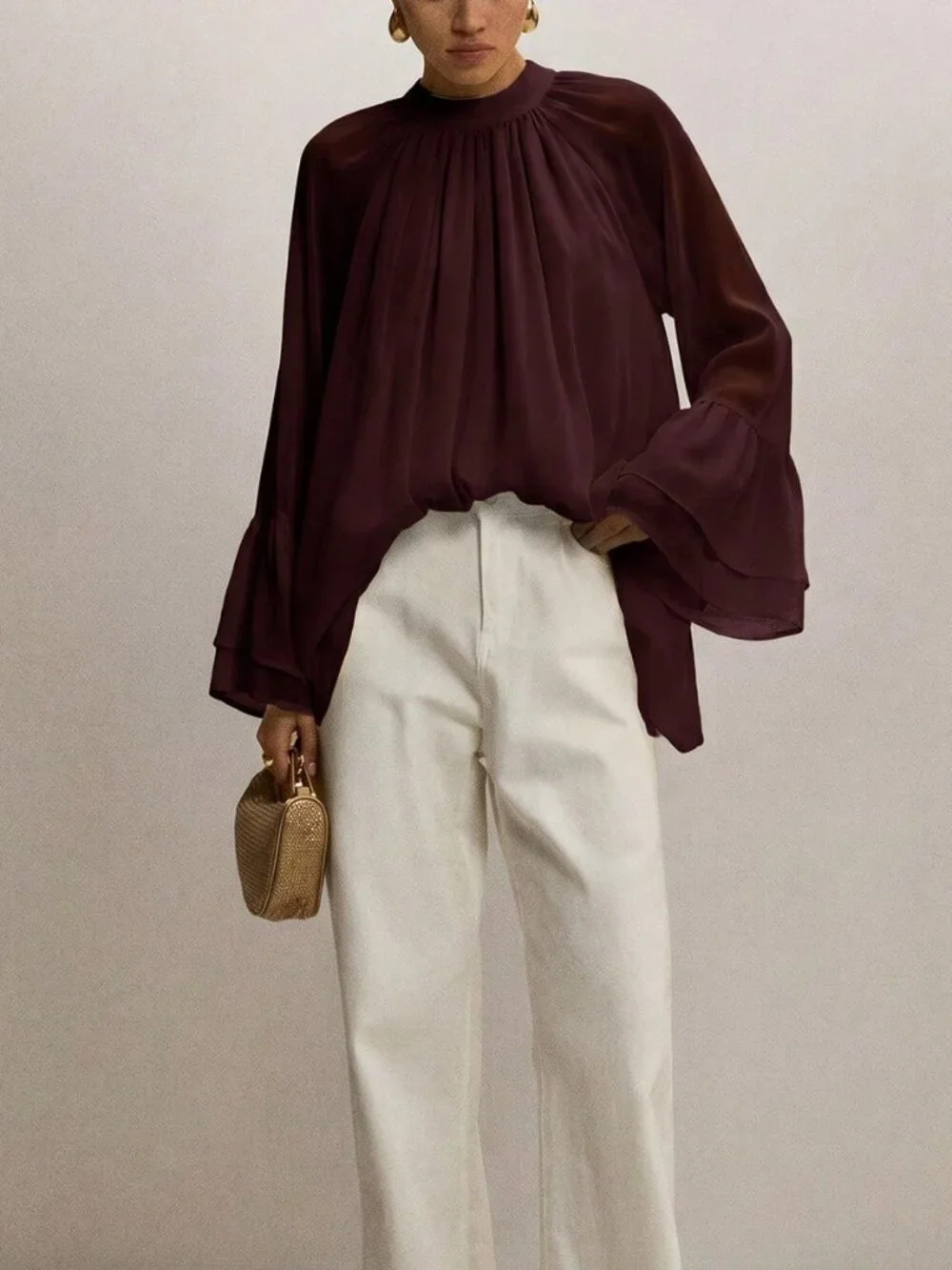 Brown Elegant Women's Minimalist Loose Pleated Flare Sleeve Blouse
